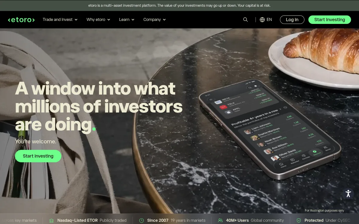 eToros forside på computer – købe kryptovaluta hos eToro