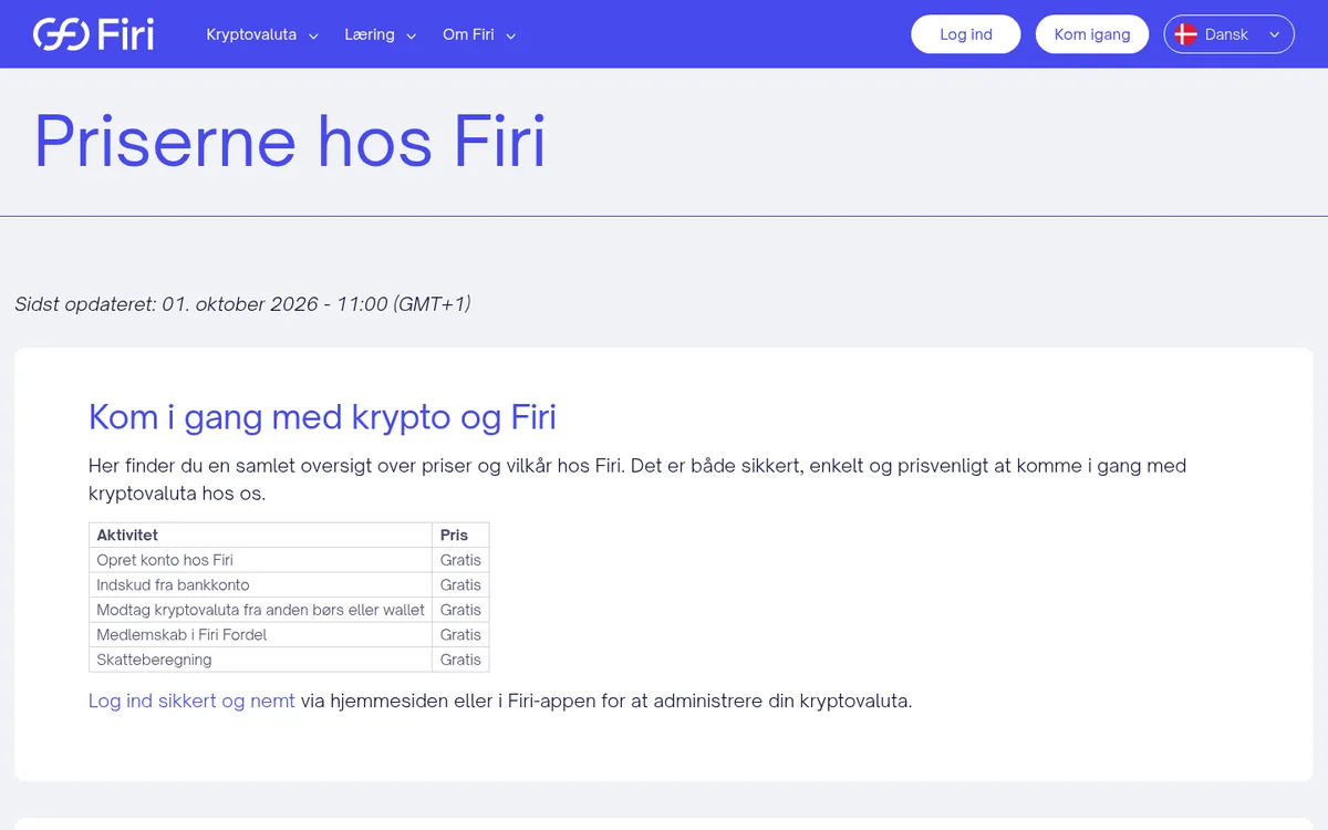 Firis side med priser og gebyrer – købe kryptovaluta hos Firi